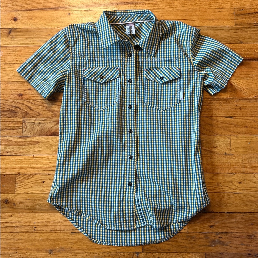 Stio Blue, Green, and Yellow Checkered Women's short sleeve Button Down Shirt